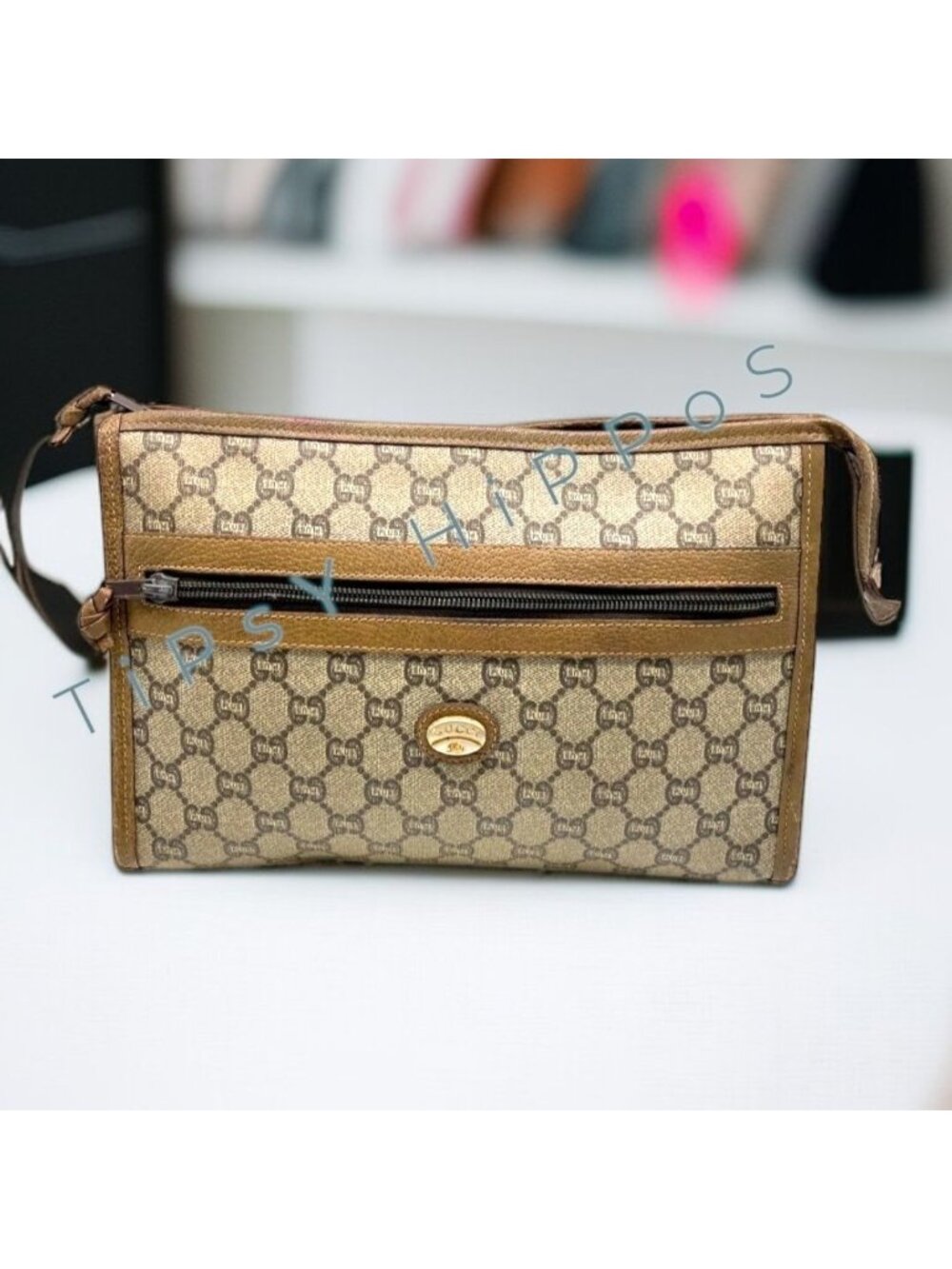 Vintage Gucci Plus Monogram Canvas Brown Leather Clutch With Zipper & Logo Detai